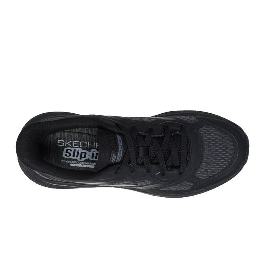 Top view of a black Skechers Slip In Max Cushioning Elite 2.0 Leigh Trainer, featuring laces, mesh upper, Air-Cooled Memory Foam, and a Slip-ins brand label on the insole., 199025421058, 50106, 199025421072, 50108, 199025421096