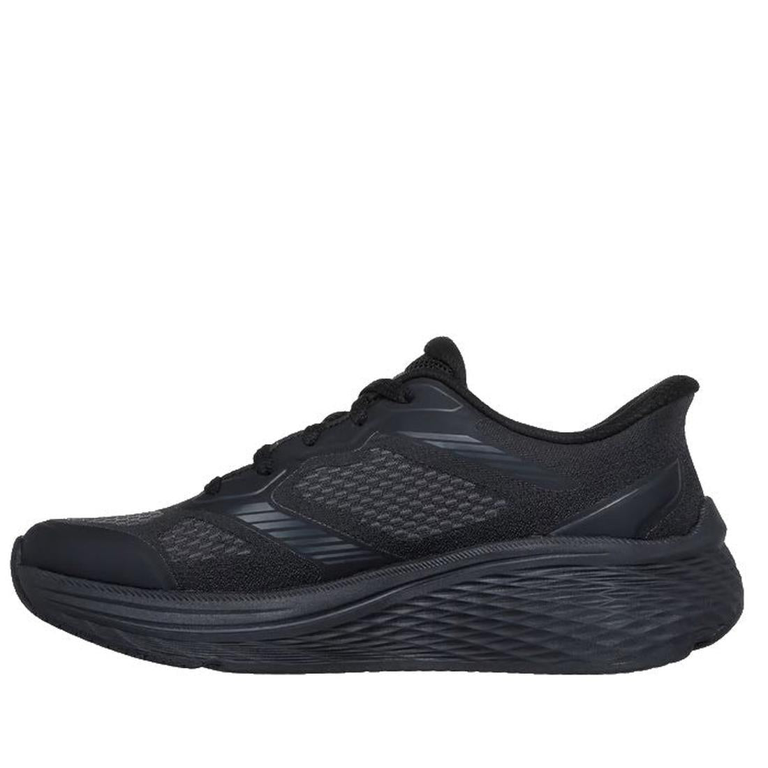 The Skechers Slip In Max Cushioning Elite 2.0 Leigh Black Trainer is a black athletic running shoe with a mesh upper, lace-up closure, thick textured sole, and Air-Cooled Memory Foam, shown side view on a white background., 199025421058, 50106, 1990254210