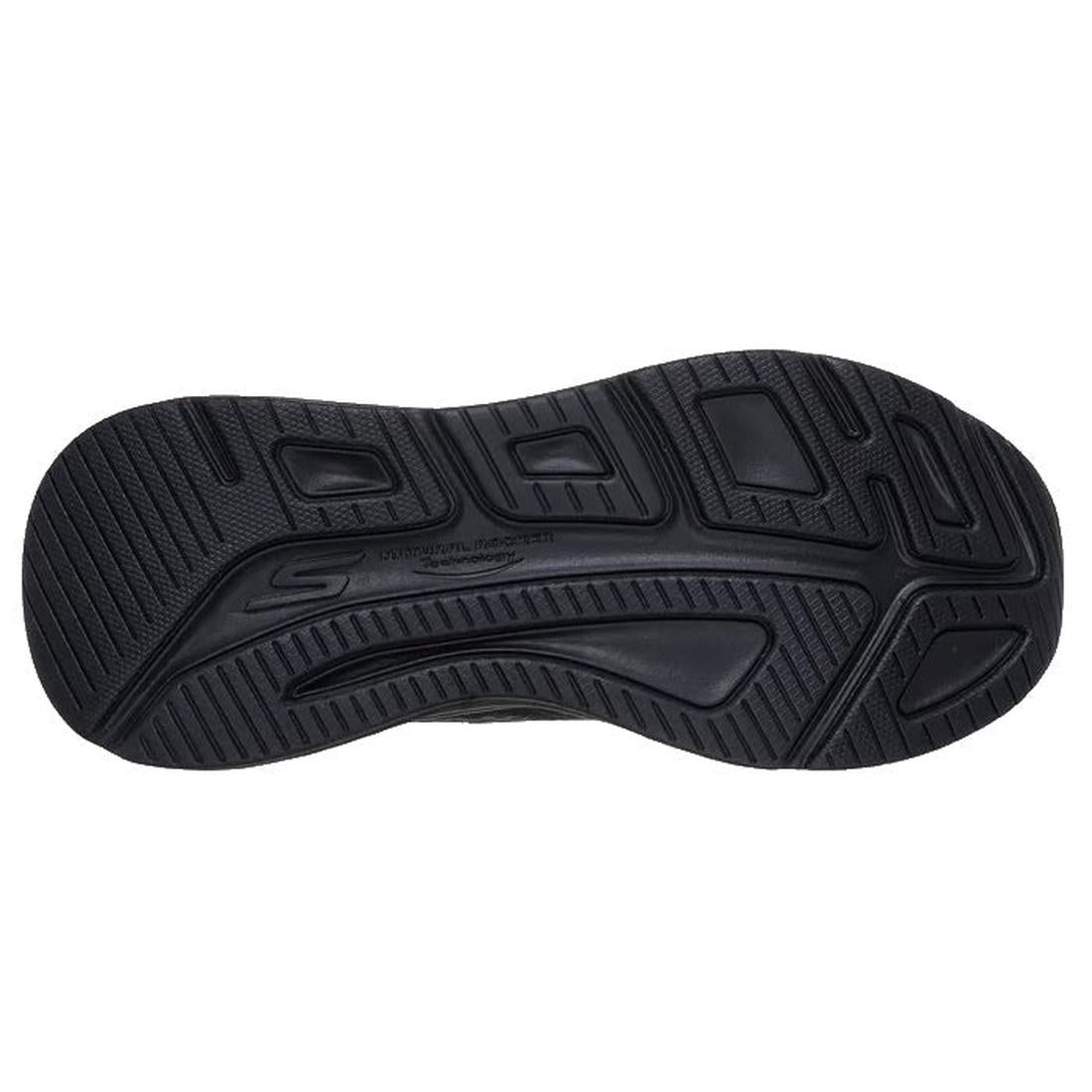 The image shows the black rubber sole of the Skechers Slip In Max Cushioning Elite 2.0 Leigh Trainer with textured grip, grooves, and an embossed Skechers logo—designed for comfort with Air-Cooled Memory Foam technology., 199025421058, 50106, 199025421072