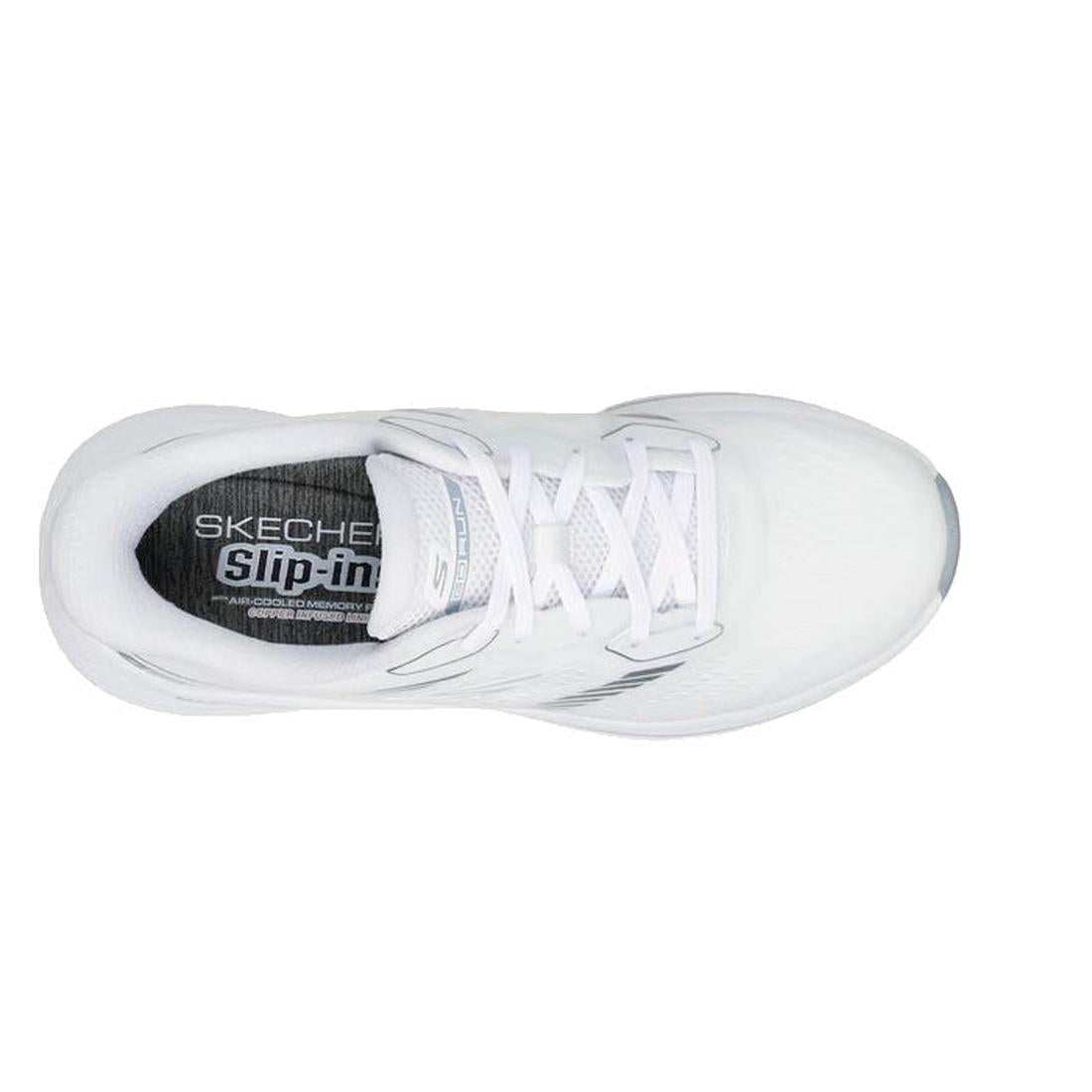 Top view of a white Skechers Slip In Max Cushioning Elite 2.0 Leigh Trainer with white laces, gray insole featuring Skechers Slip-Ins branding, and Air-Cooled Memory Foam for all-day comfort., 199025355940, 50114, 199025355964, 50116, 199025355988