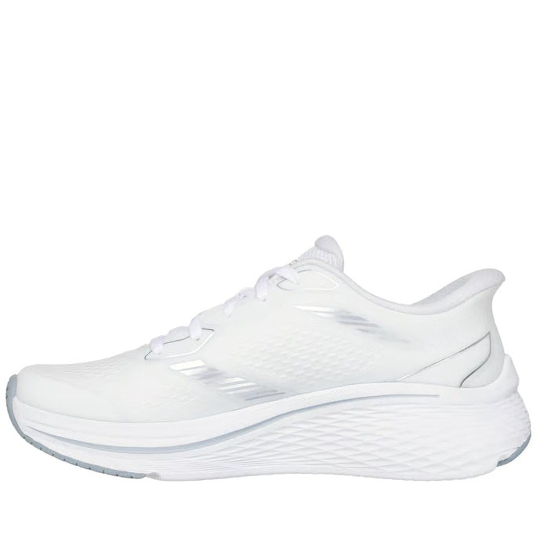 The Skechers Slip In Max Cushioning Elite 2.0 Leigh White Trainer features a mesh upper, textured sole, and white laces, shown in side profile against a plain background. Includes Air-Cooled Memory Foam and Max Cushioning Elite technology for comfort and 