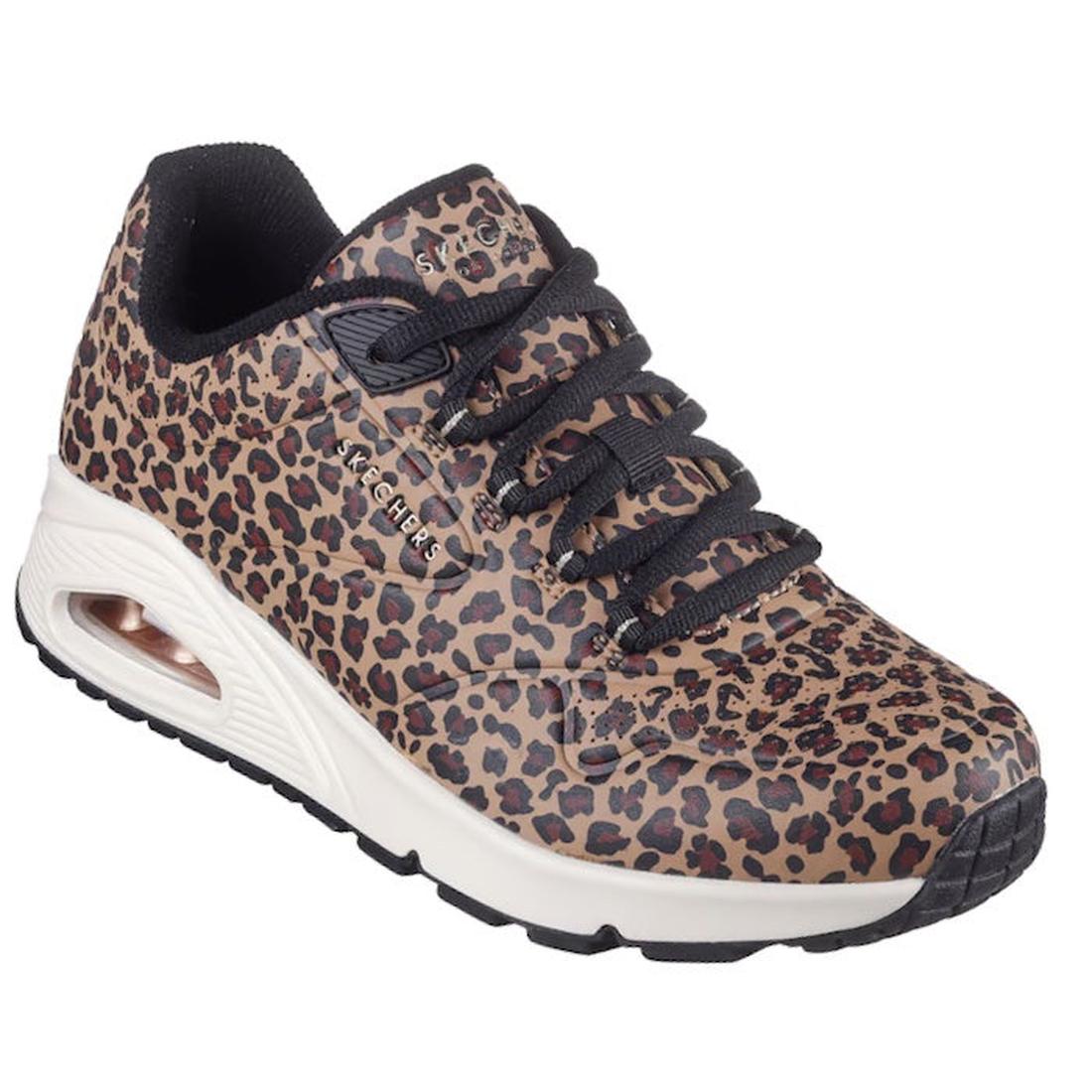 Step out in style with the Skechers Womens Uno Kat Neato Leopard Trainer Black Brown, featuring a brown and black leopard print, black laces, Air-Cooled Memory Foam comfort, white sole with air cushion, and black outsole.