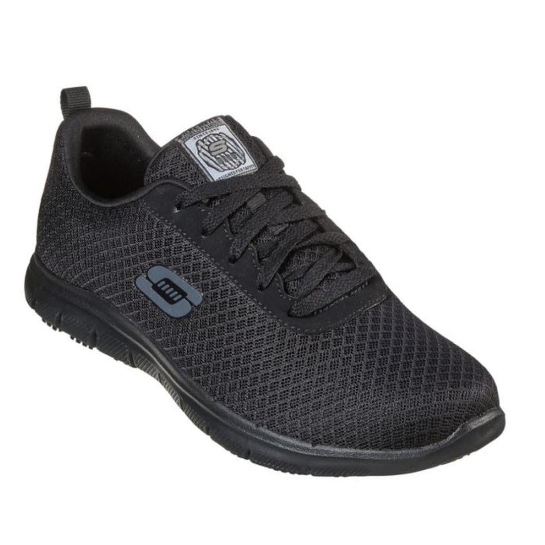 Skechers All Black Ghenter Bronaugh is a women’s lace-up work shoe with mesh upper, comfy memory foam, and slip-resistant sole.  ksnz