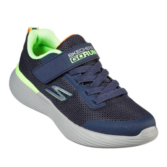 Skechers Youths Go Run 400 V2 Krozor Navy: Comfy kids’ trainer in navy/lime, mesh upper, easy Velcro strap, cushioned white sole.  ksnz
