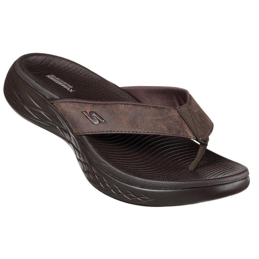 Skechers Mens On The Go 600 Seaport Jandal Flip Flop in Choc Brown: soft, textured footbed and cushioned GoGa mat sole, easy slip-on.  ksnz