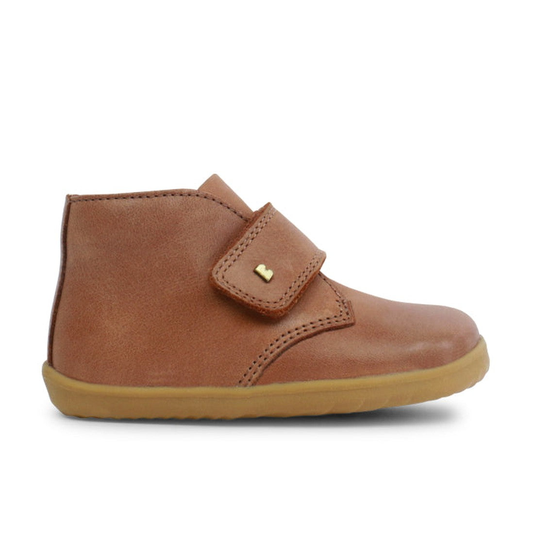 Bobux Step Up Desert Boot Caramel 724820A—cozy brown leather baby boots with tan rubber soles and secure Velcro straps, side view.  ksnz, 9420062056301, 9420062056318, 9420062056325