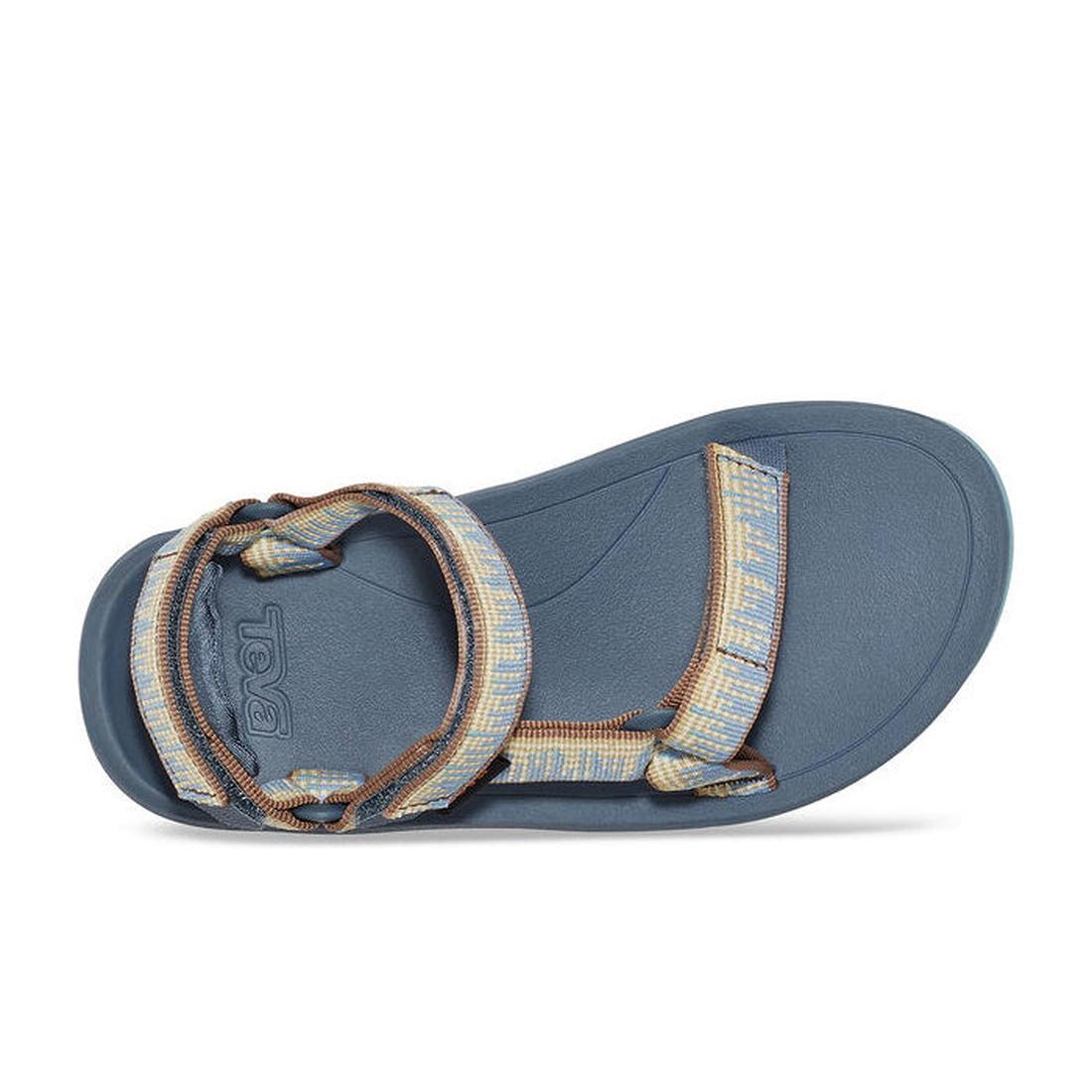 The Teva Kids Active Sandal K Hurricane XLT2 Blue features adjustable recycled polyester straps, a textured footbed, closed heel strap, and open toe design—ideal for comfortable hiking adventures. Viewed from above in stylish blue., 24575, 195719339111, 1