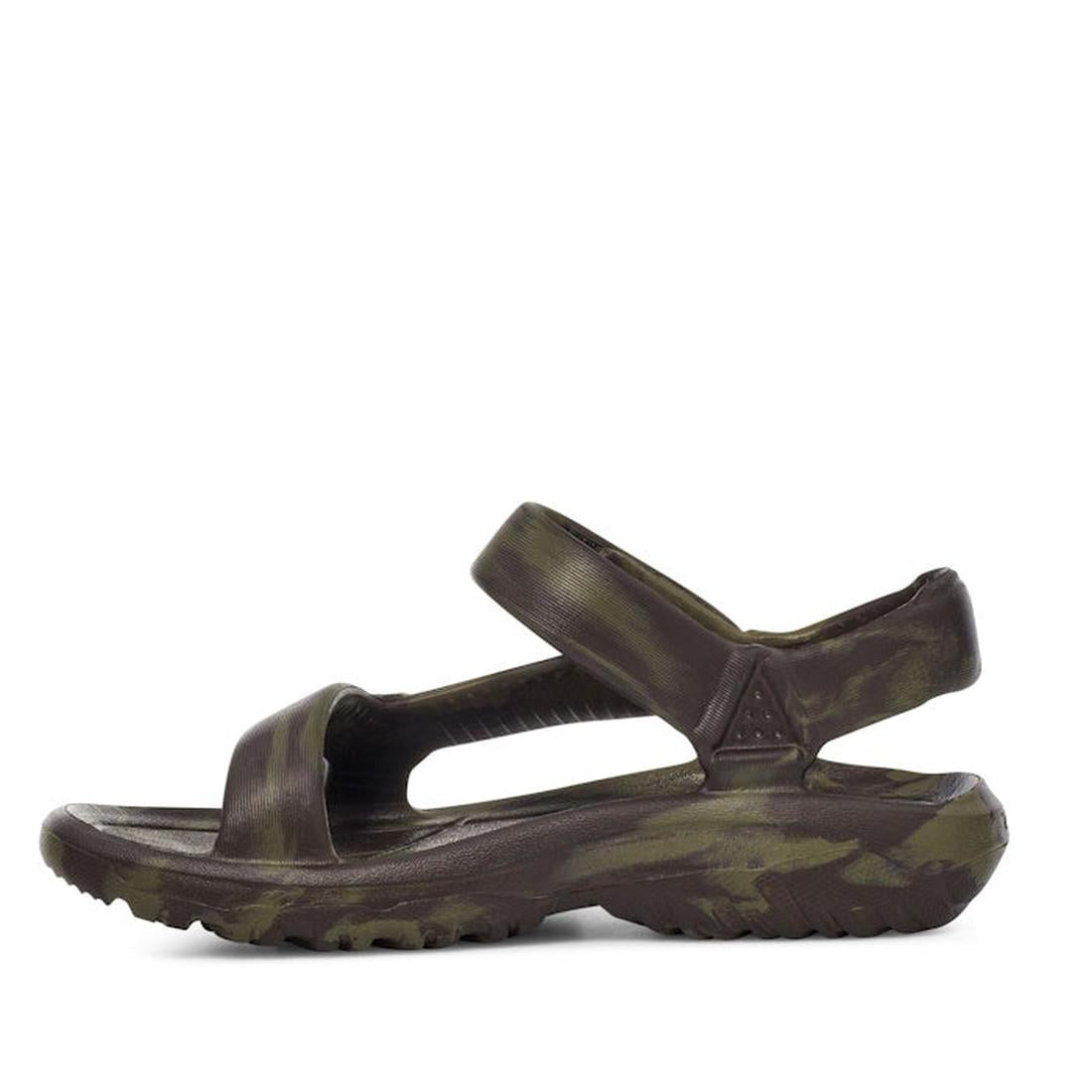 The Teva Kids K Hurricane Drift Huemix Olive Swirl is a green and brown camo-patterned water sandal with a rugged sole, open toe, and Velcro ankle strap, shown in side profile on a white background., 196565118264, 196565118271, 196565118356, 196565118295,