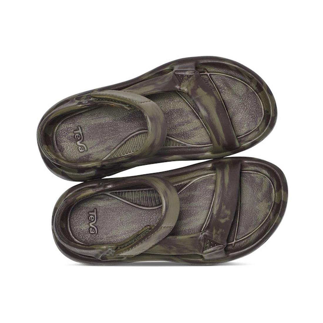 A pair of Teva Kids K Hurricane Drift Huemix Olive Swirl boys’ sandals, waterproof with olive camo pattern, closed backs, and hook-and-loop straps, shown from above with the soles facing down., 196565118264, 196565118271, 196565118356, 196565118295, 19656
