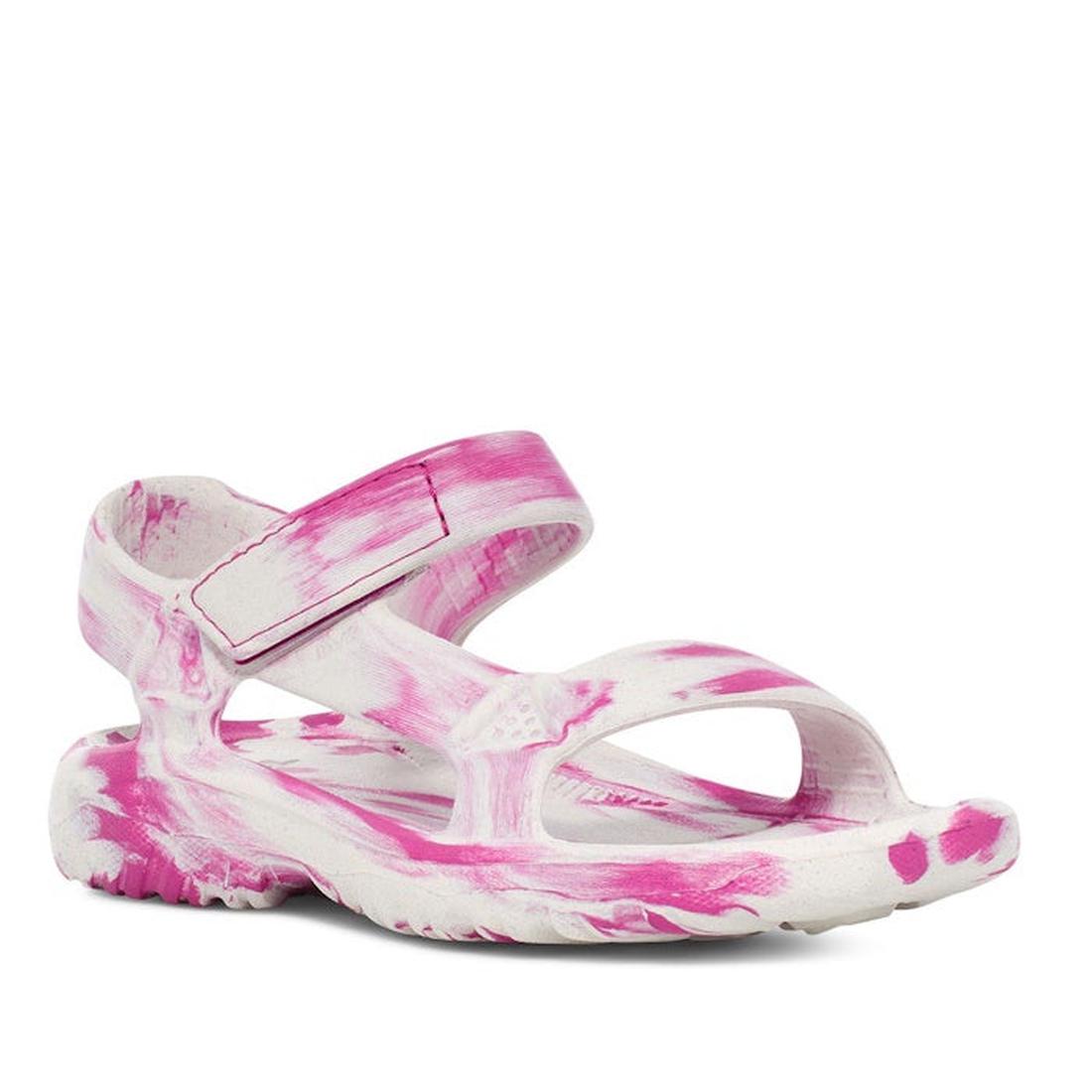 The Teva Kids K Hurricane C Drift Huemix Pink Violet Swirl is a lightweight, comfortable white open-toe water sandal with thick soles, ankle straps, and bright pink brushstroke patterns.