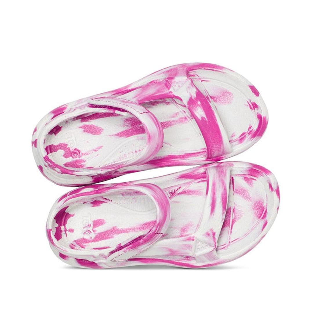 Two Teva Kids K Hurricane C Drift Huemix sandals in Pink Violet Swirl tie-dye, made from recycled EVA. These lightweight, open-toe water sandals feature adjustable ankle straps and are shown from above, overlapping one another., 196565118486, 196565118493