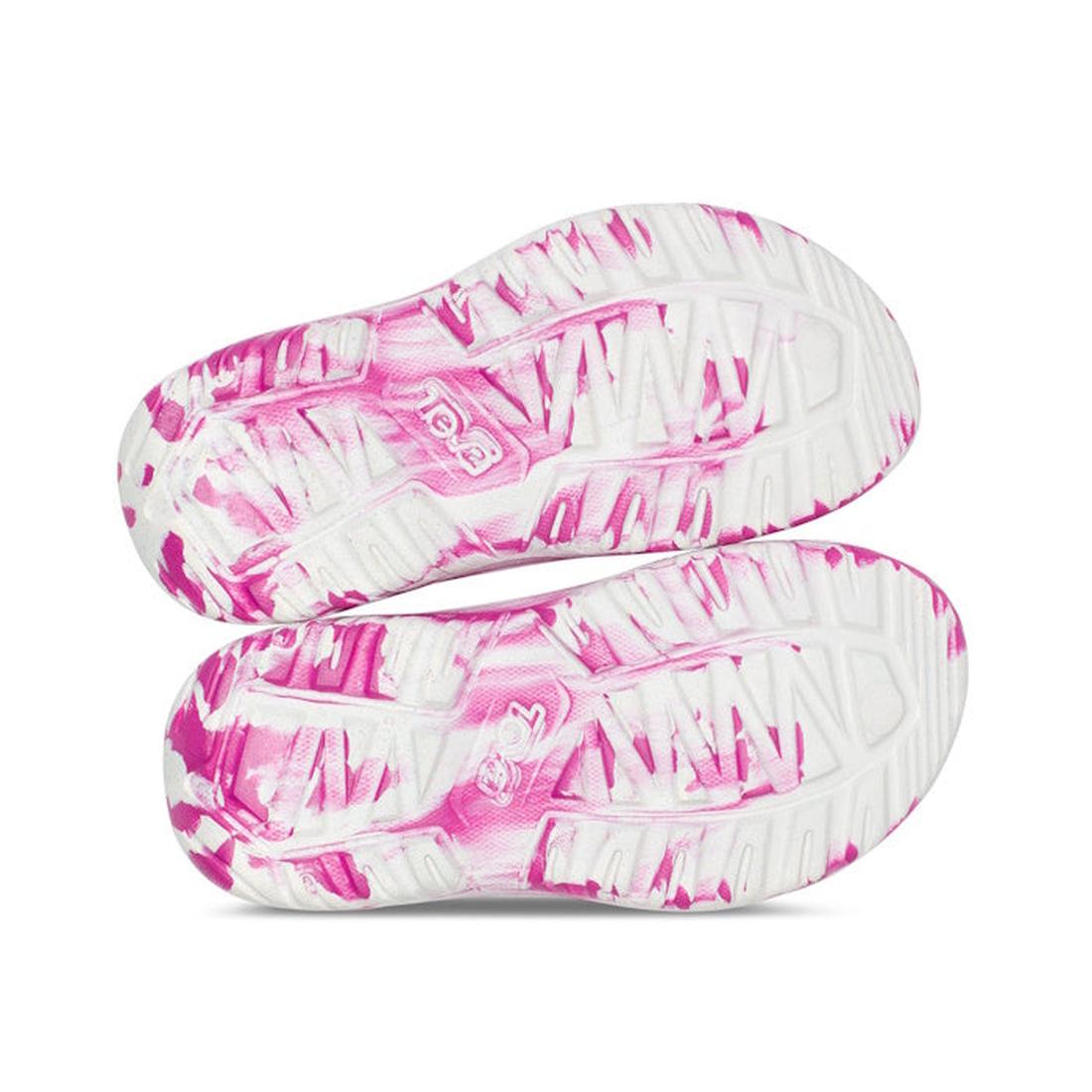The Teva Kids K Hurricane C Drift Huemix in Pink Violet Swirl features lightweight, comfortable recycled EVA soles with a rugged tread and vibrant pink marbled streaks—ideal for kids' water sandals., 196565118486, 196565118493, 196565118509, 196565118516,