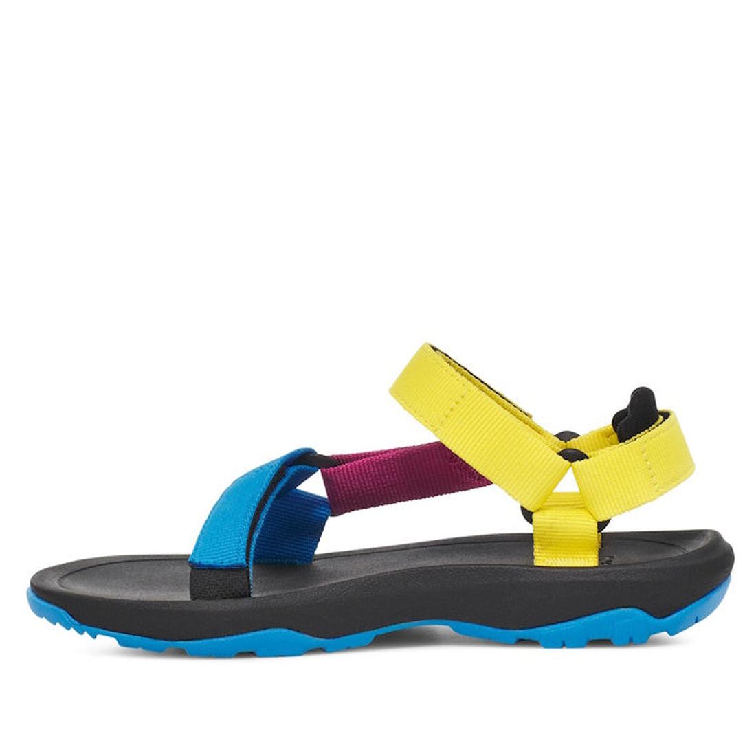 The Teva Kids K Hurricane XLT2 Water Multi is a quick-dry sandal with a black sole, blue tread, yellow ankle straps, a blue toe strap, and a magenta recycled polyester strap—ideal for active kids., 196565099600, 196565099655, 196565099624, 196565099570, 1