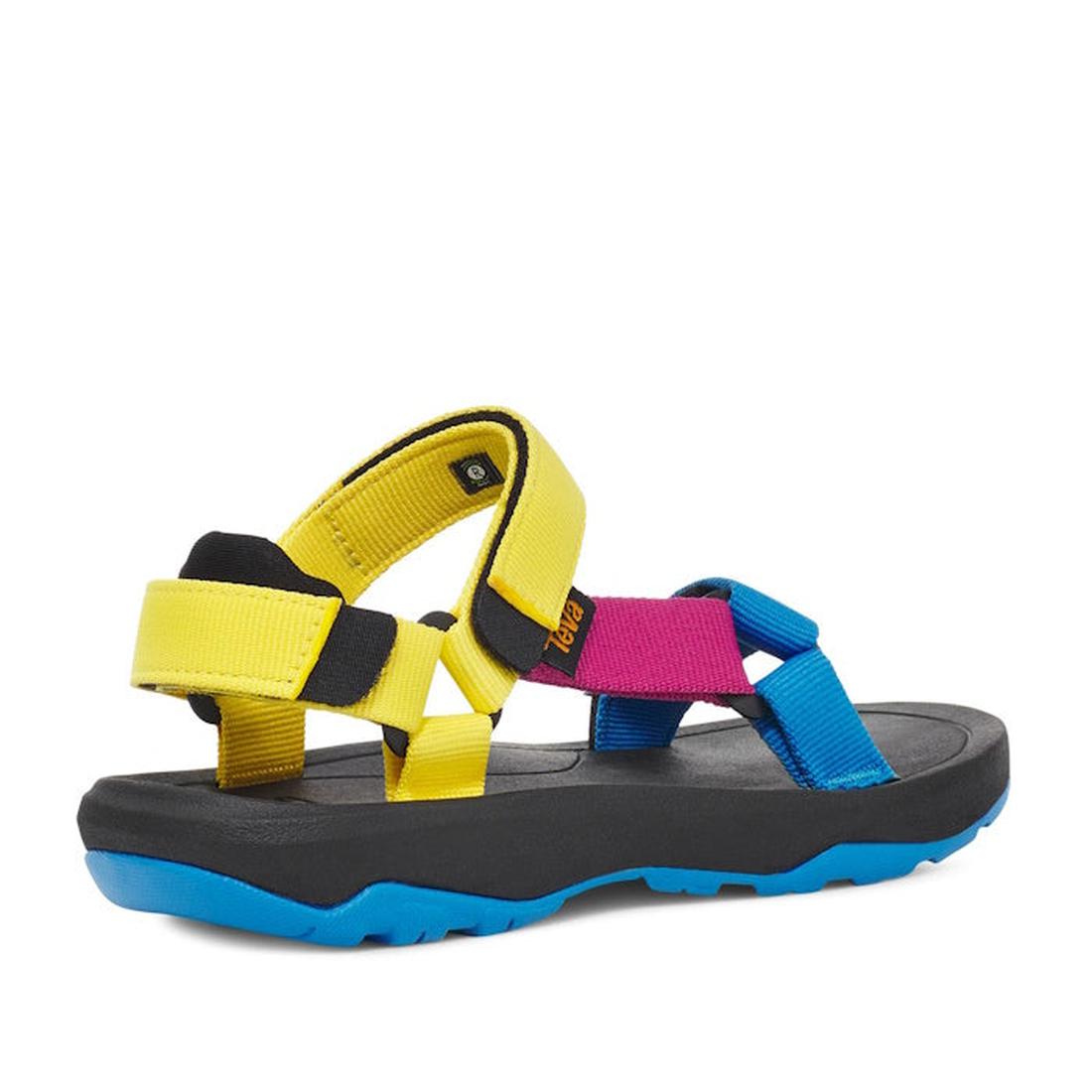 The Teva Kids K Hurricane XLT2 Water Multi is a vibrant sandal with black and yellow accents, a black sole, blue outsole, quick-dry recycled polyester straps, and adjustable hook-and-loop closures for a custom fit., 196565099600, 196565099655, 19656509962