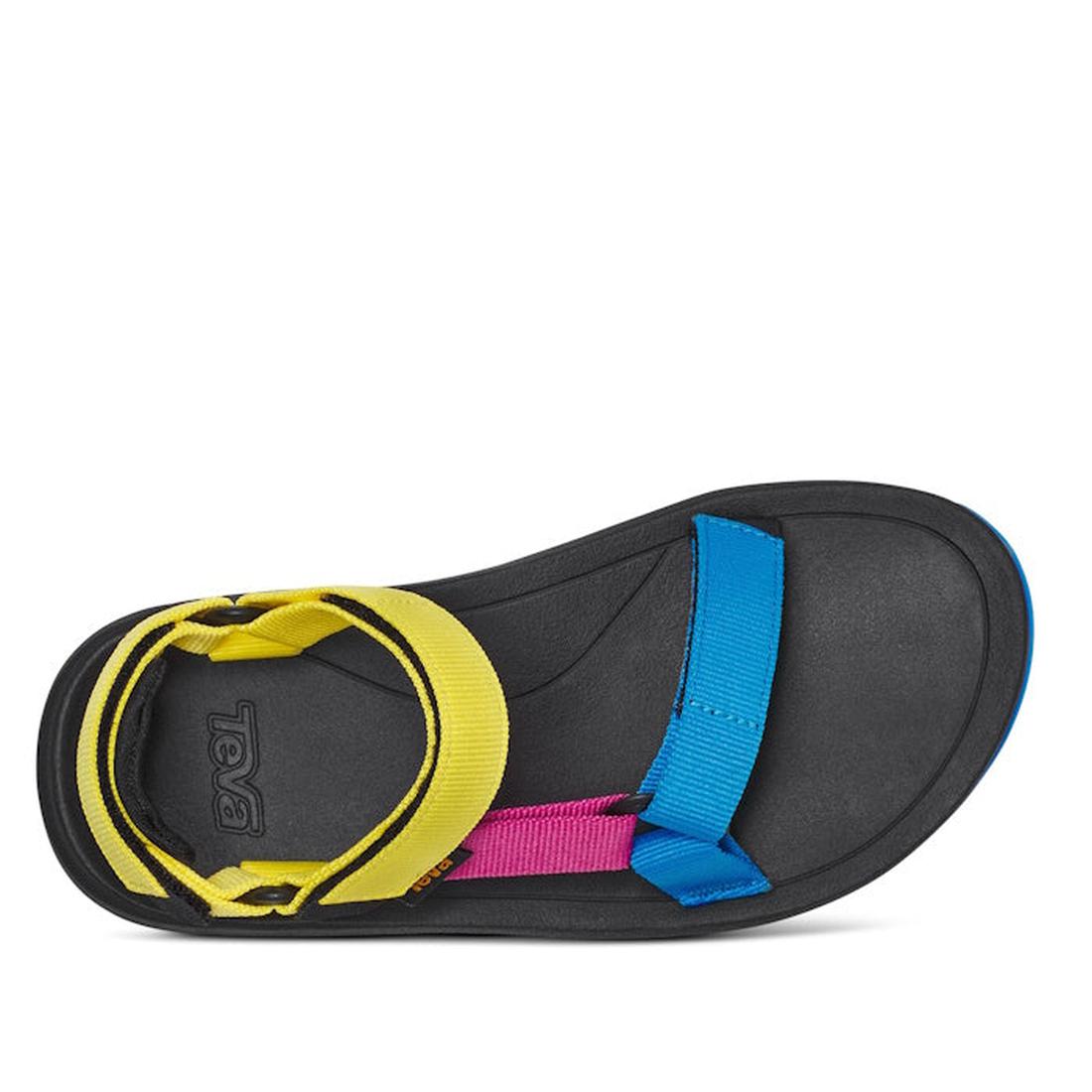 The Teva Kids - K Hurricane XLT2 Water Multi is a black sandal with yellow ankle, blue toe, and pink sole straps, made from recycled polyester webbing, and features the Teva logo on the footbed., 196565099600, 196565099655, 196565099624, 196565099570, 196