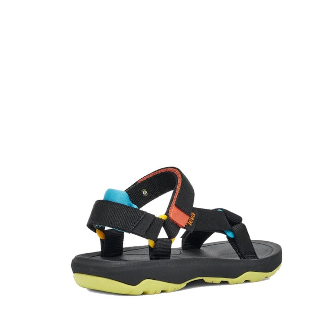 The Teva Kids K Hurricane XLT2 Black Multi sandal features adjustable straps in black with blue, orange, and yellow accents and a light green sole made from recycled plastic, shown against a plain white background., 196565921437, 196565921444, 19656592141