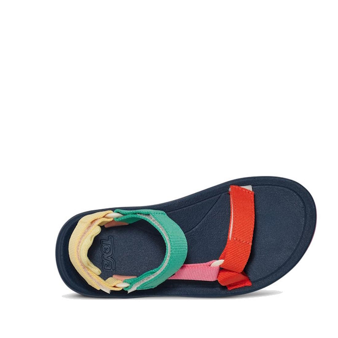 A single Teva Kids - K Hurricane XLT2 Popcorn Multi sandal, featuring a navy sole and multicolored yellow, green, pink, and red recycled-material straps, is displayed against a white background., 196565921888, 196565921895, 196565921864, 196565921857, 196