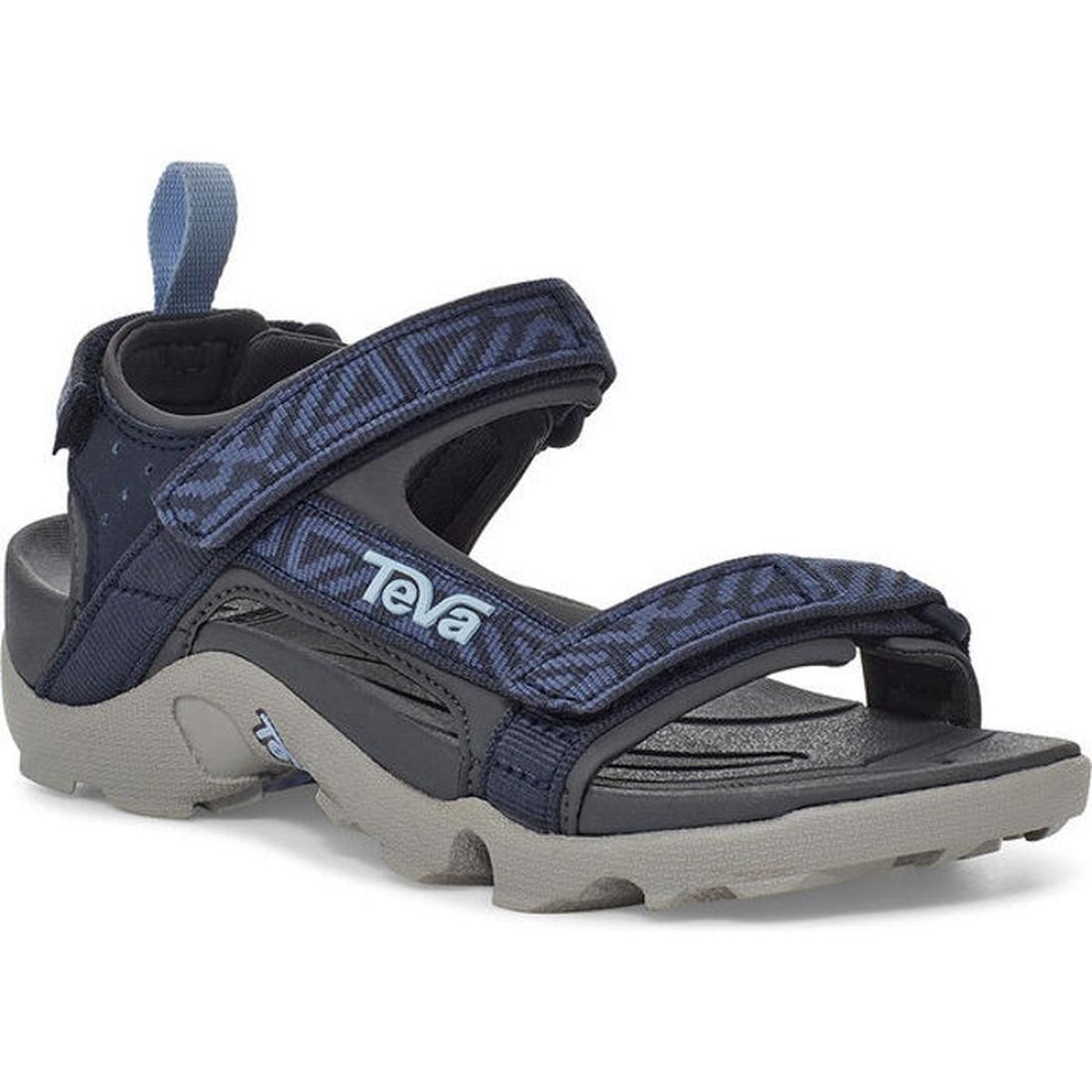 A single Teva Boys Active Rugged Sandal K Tanza Blue, featuring navy and gray quick-dry webbing, adjustable Velcro straps, a rugged sole, and blue geometric patterns on the upper straps, is displayed on a white background.