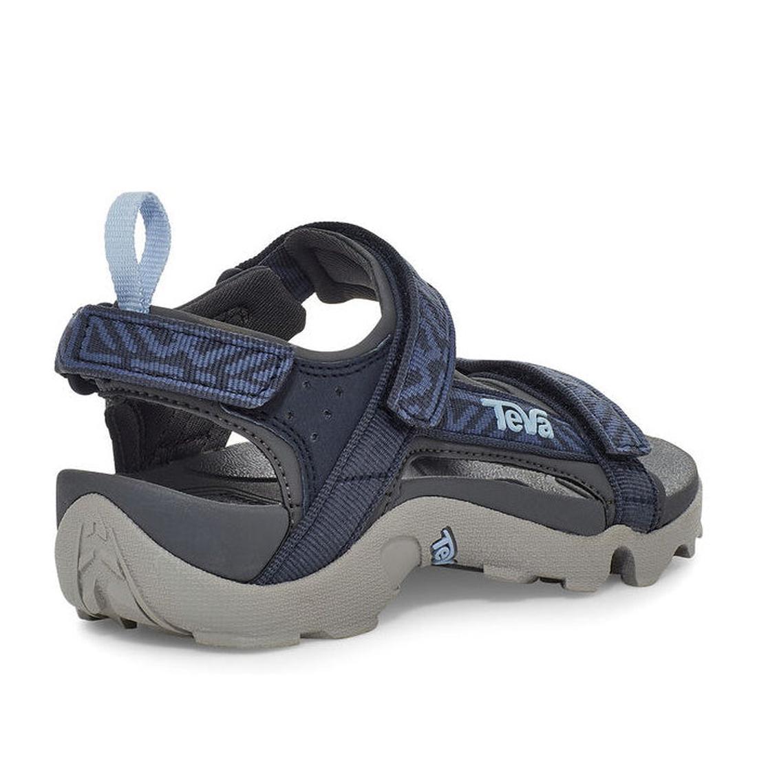 The Teva Boys Active Rugged Sandal K Tanza Blue features thick, textured soles, quick-dry recycled polyester straps in dark blue, a light blue heel pull tab, and adjustable hook-and-loop straps; shown from the back and side on white., 194715413832, 194715