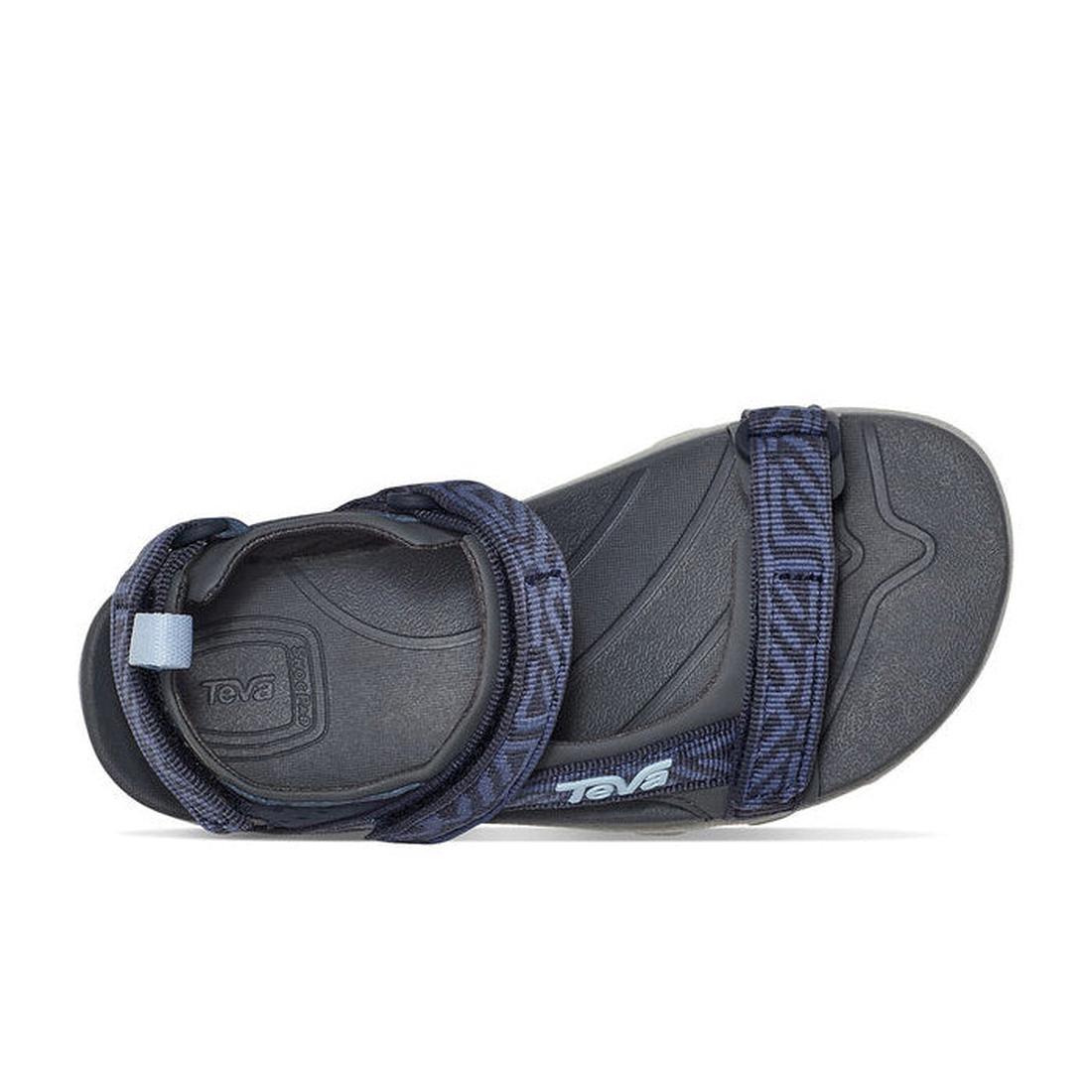A single Teva Boys Active Rugged Sandal K Tanza Blue, shown from the top and side to highlight its blue quick-dry adjustable webbing straps, black design details, and contoured footbed., 194715413832, 194715413887, 194715413856, 194715413801, 194715413818
