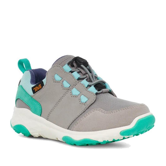 The Teva Kids K Canyonview Mid Waterproof Hiker in grey (sizes US 11 to 3) features teal and turquoise accents, durable suede overlays, a white sole, heel pull tab, breathable mesh, black toggle laces, and a yellow/black Teva logo.