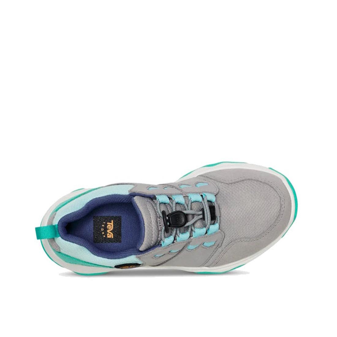 Top view of the Teva Kids - K Canyonview Mid Waterproof Hiker in grey, featuring teal accents, dark blue lining, breathable mesh sides, a teal heel pull tab, durable suede overlays, and a black toggle lace system. Available in US 11 to 3., 196565427106, 1