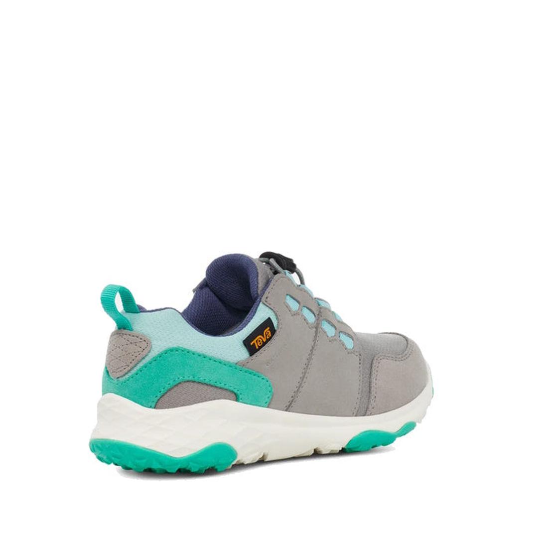 A single Teva Kids K Canyonview Mid Waterproof Hiker in grey (sizes 11-3) with teal and turquoise details, suede and mesh, white sole with teal tread, heel pull tab, and side logo is angled to show the back and side., 196565427106, 196565427113, 196565427