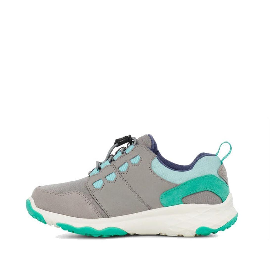 The Teva Kids K Canyonview Mid Waterproof Hiker in grey (US 11-3) features teal and turquoise accents, a breathable mesh upper, white sole, and low-top design, displayed against a plain white background., 196565427106, 196565427113, 196565427120, 19656542