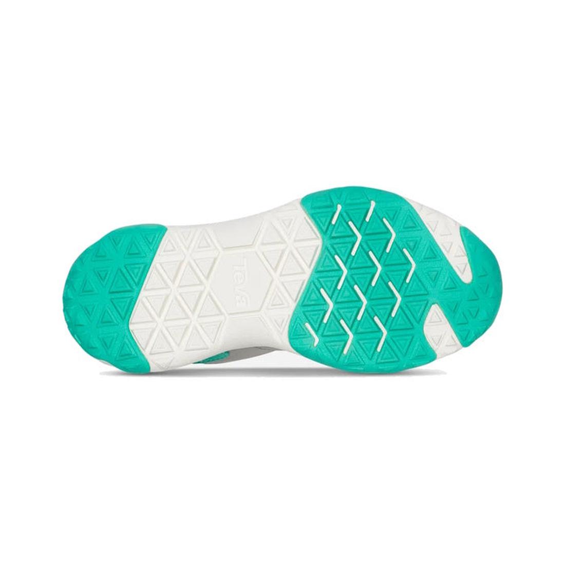 The image shows the sole of the Teva Kids - K Canyonview Mid Waterproof Hiker (Grey, US 11-3), with a white base, teal accents on heel, toe, midfoot, and a geometric pattern for grip—ideal for outdoor adventures., 196565427106, 196565427113, 196565427120,