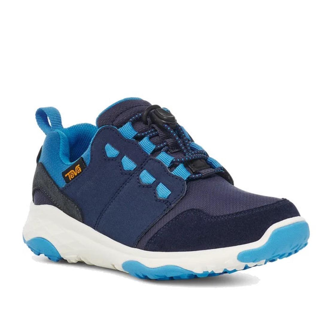 The Teva Kids K Canyonview Mid Waterproof Hiker in Midnight Navy (US 11-3) features a white rubber outsole, breathable mesh, Teva branding on the side, blue heel pull tab, and elastic bungee laces with toggle closure.