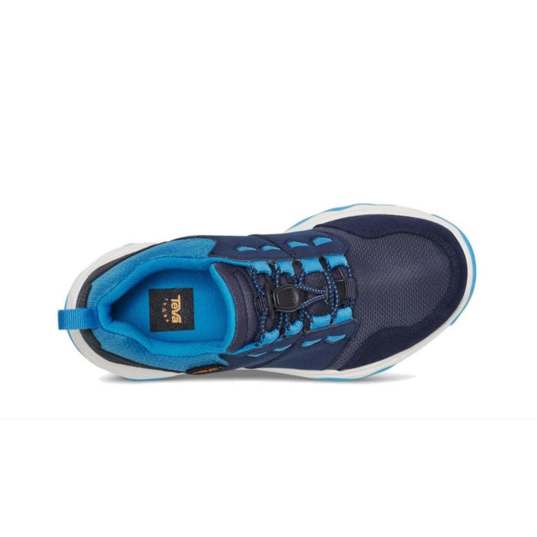 Top view of the Teva Kids K Canyonview Mid Waterproof Hiker in Midnight Navy (US 11-3), featuring breathable mesh, turquoise accents, a heel pull tab, bungee lacing, durable rubber outsole, and Teva logo on the insole., 196565427229, 196565427236, 1965654