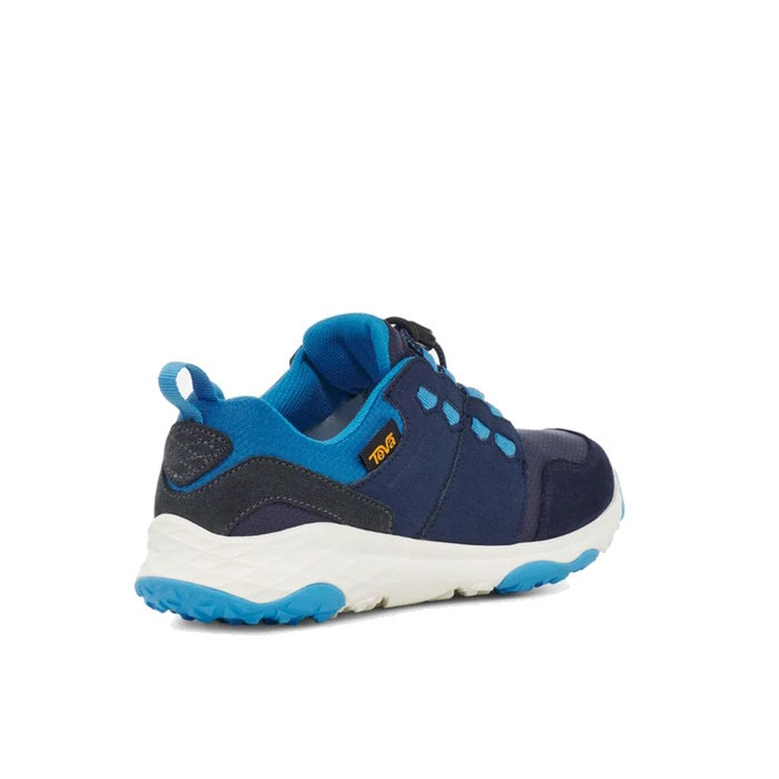 The Teva Kids K Canyonview Mid Waterproof Hiker in Midnight Navy (US 11-3) features a blue and navy design, white and blue sole, durable rubber outsole, heel pull tab, breathable mesh accents, and a small yellow Teva logo on the side., 196565427229, 19656