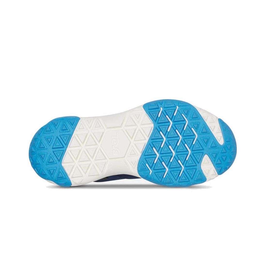 The image shows the sole of the Teva Kids K Canyonview Mid Waterproof Hiker in Midnight Navy (US 11-3), featuring a white and blue rubber outsole with triangular and diamond-shaped tread for enhanced traction., 196565427229, 196565427236, 196565427243, 19