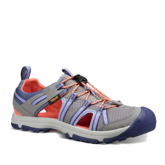 The Teva Girls K Manatee Wild Dove Grey Closed Toe Sandal (US 11-7) features grey, purple, and coral mesh fabric upper, protective toe cap, bungee laces, a soft molded footbed, rugged sole, and visible side branding—ideal for outdoor activities.