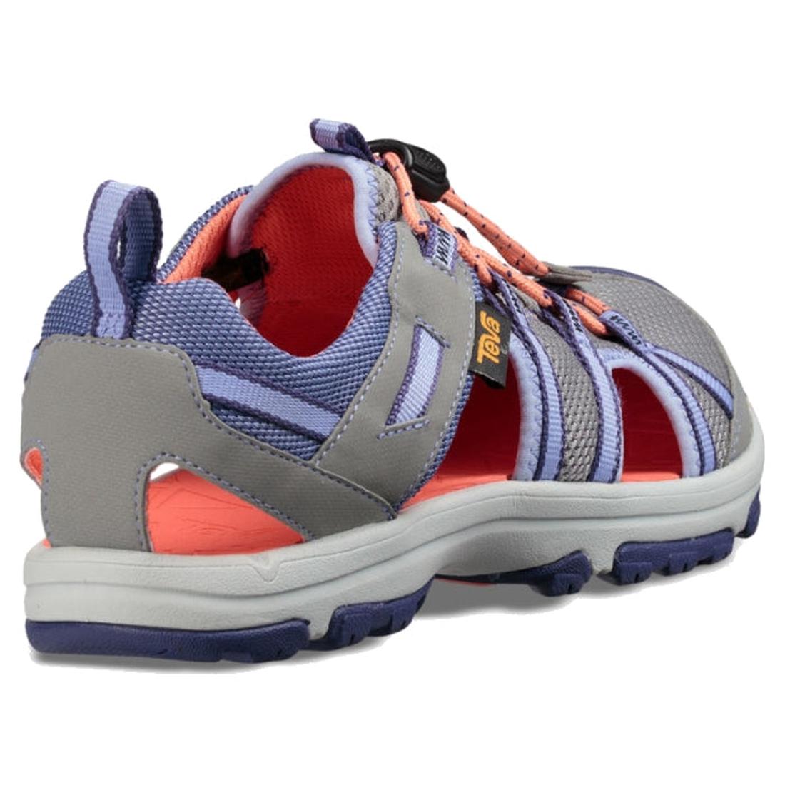 The Teva Girls K Manatee Wild Dove Grey Closed Toe Sandal, US sizes 11 to 7, features purple and orange accents, open sides, a rugged sole, and a soft flexible moulded footbed. Shown from the back left angle., 191142484282, 191142484251, 191142484237, 191