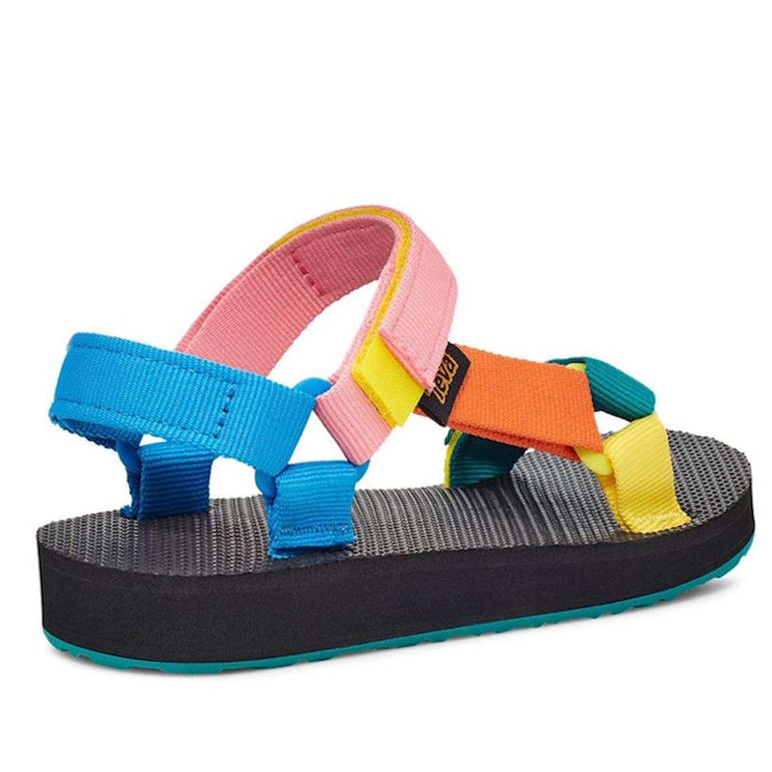 The Teva Kids - K Original Universal C 90s Sandal Multi is a vibrant water sandal with quick-dry adjustable webbing straps in blue, pink, yellow, and orange, plus a thick black sole and textured gray footbed., 194715572362, 194715572379, 194715572386, 194