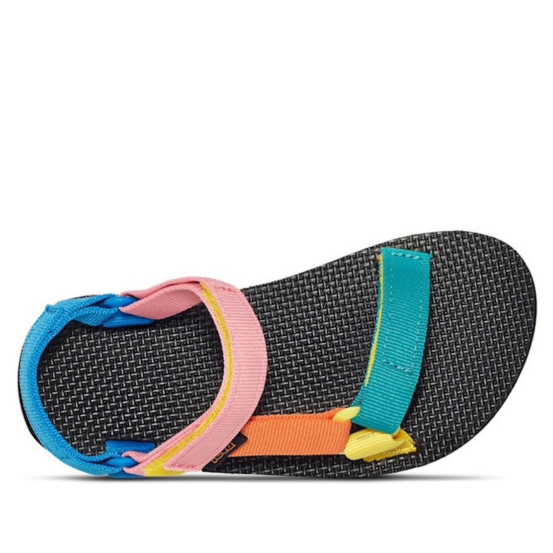 The Teva Kids K Original Universal C 90s Sandal Multi features a textured black sole and quick-dry webbing made from recycled plastic, with geometric straps in pink, blue, yellow, teal, and orange. Shown from above on a white background., 194715572362, 19