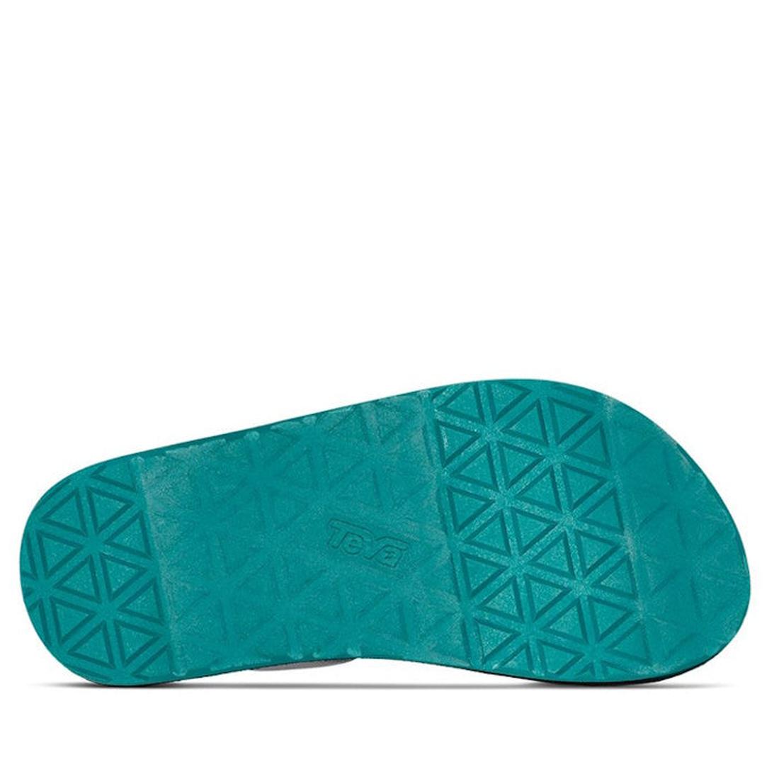 The Teva Kids K Original Universal C 90s Sandal Multi features a teal rubber sole with a geometric triangular pattern, the Teva logo in the center, and quick-dry webbing made from recycled plastic., 194715572362, 194715572379, 194715572386, 194715572287, 