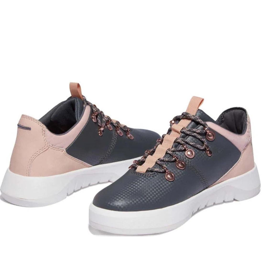 Timberland Womens Fabric Supaway Oxford in grey: comfy lace-up sneakers with pink accents, OrthoLite support, and sturdy white soles.  ksnz