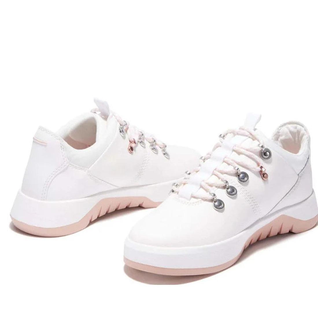 Timberland Womens Supaway Oxford white sneakers with pink soles, lace-up closure, eco-friendly fabric, comfy OrthoLite insoles.  ksnz