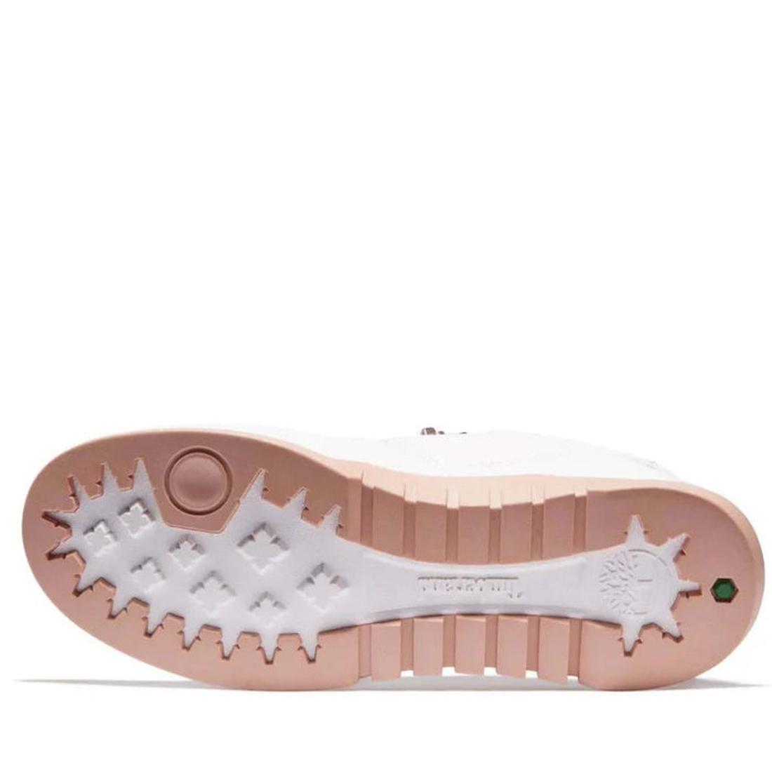 Timberland Womens Fabric Supaway Oxford White sneaker has a sturdy, grippy sole with deep tread, light pink accents, and lace closure.  ksnz