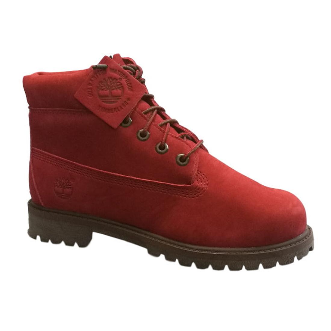 Timberland Kids Dark Red Icon Juniors 6 Inch Premium Waterproof Boots with sturdy soles, cozy insulation, metal eyelets, and brown laces.  ksnz