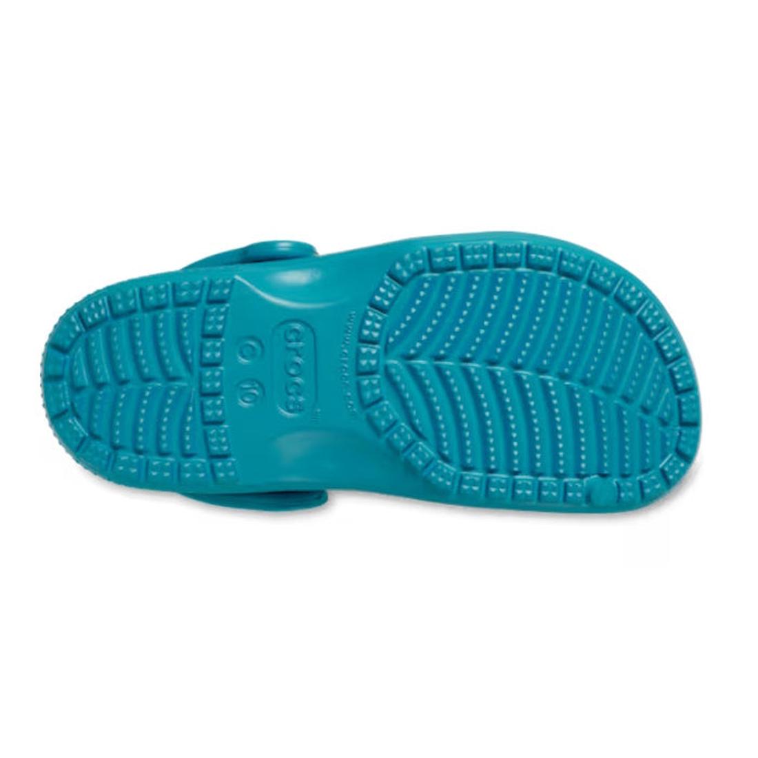 The image shows the sole of the Crocs Kids Toddlers Classic Clog in Turbo Teal Green, featuring a patterned tread and raised dots for grip, with "Crocs" embossed in the center—perfect for toddlers’ comfort and safety., 198445269875, 198445269882, 19844526