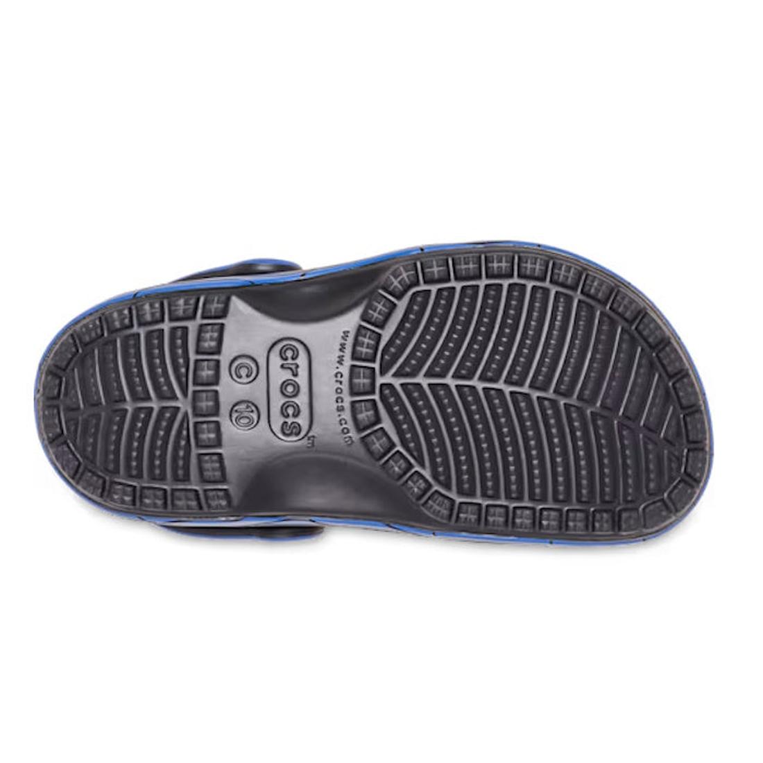 The image shows the sole of a black Crocs sandal with a textured tread and branding, similar to the Crocs Toddlers Spider-Man Web Classic Clog Red, which features fun Spider-Man designs and themed Jibbitz., 198445263248, 198445263217, 198445263255, 198445