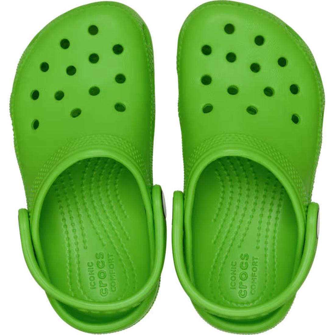 A pair of Crocs Kids - Classic Clog Bright Green - Junior Youths Sizes, water-friendly shoes with ventilation holes and adjustable heel straps, viewed from above., 49828, 49829, 49830, 49831, 49832, 49833, 49834, 49835, 49836, 198445337444, 198445337451, 