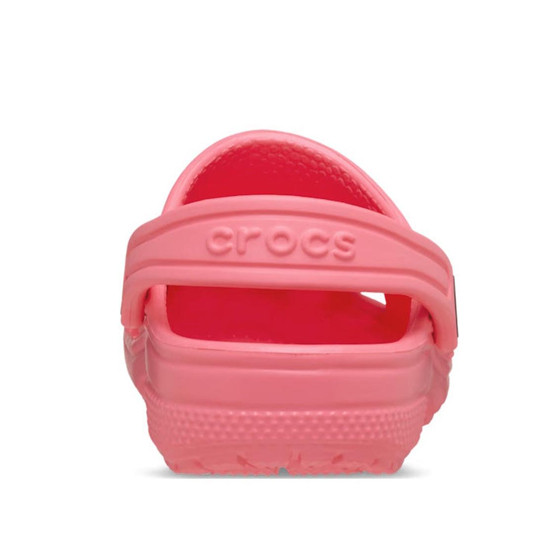 Rear view of Crocs Kids Toddlers - Classic Clog Guava Pink in toddler sizes, showing its textured sole, adjustable heel strap, and the embossed Crocs logo on the strap., 49822, 49823, 49824, 49825, 49826, 49827, 49822, 49823, 49824, 198445337338, 19844533