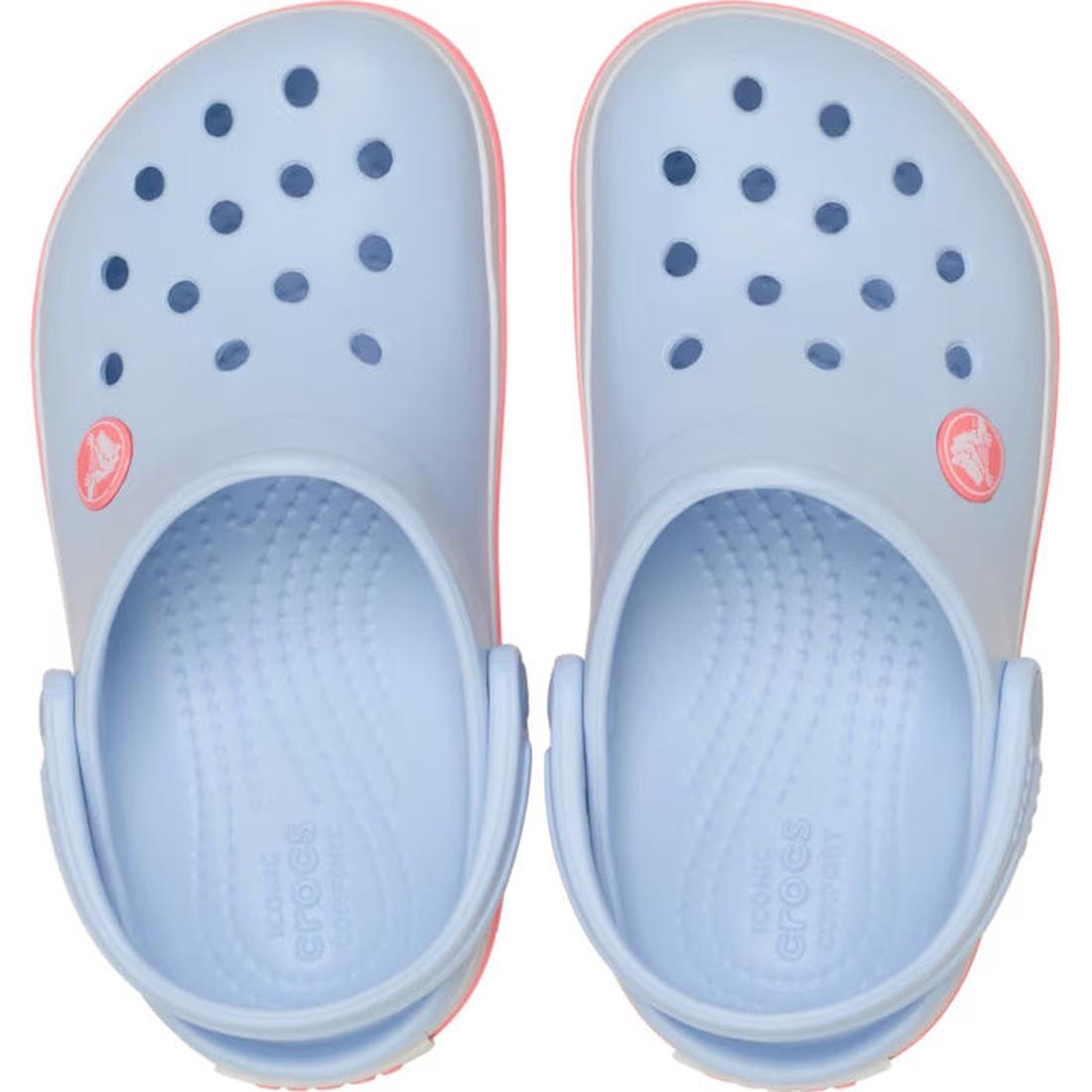 The Crocs Kids - Crocband Classic Clog Frost Blue Guava Youths are made from Croslite, with ventilation holes, adjustable heel straps, and a circular logo near the ankle on each shoe., 49854, 49855, 49856, 49857, 49858, 49859, 49860, 49861, 49854, 1984453