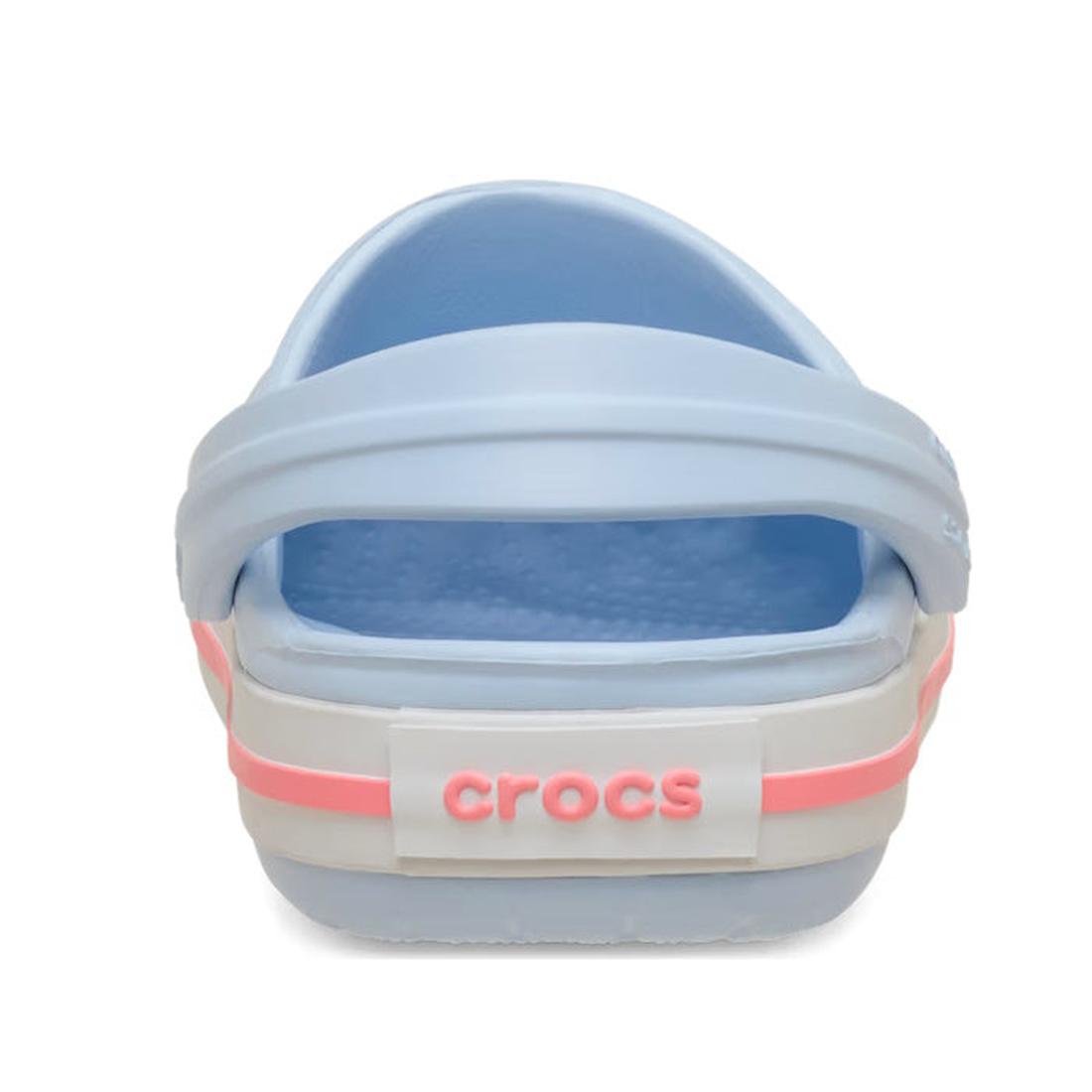 A rear view of Crocs Kids - Crocband Classic Clog Frost Blue Guava Youths, made from Croslite, features a white and pink stripe on the heel and "crocs" in raised pink letters on the back strap., 49854, 49855, 49856, 49857, 49858, 49859, 49860, 49861, 4985