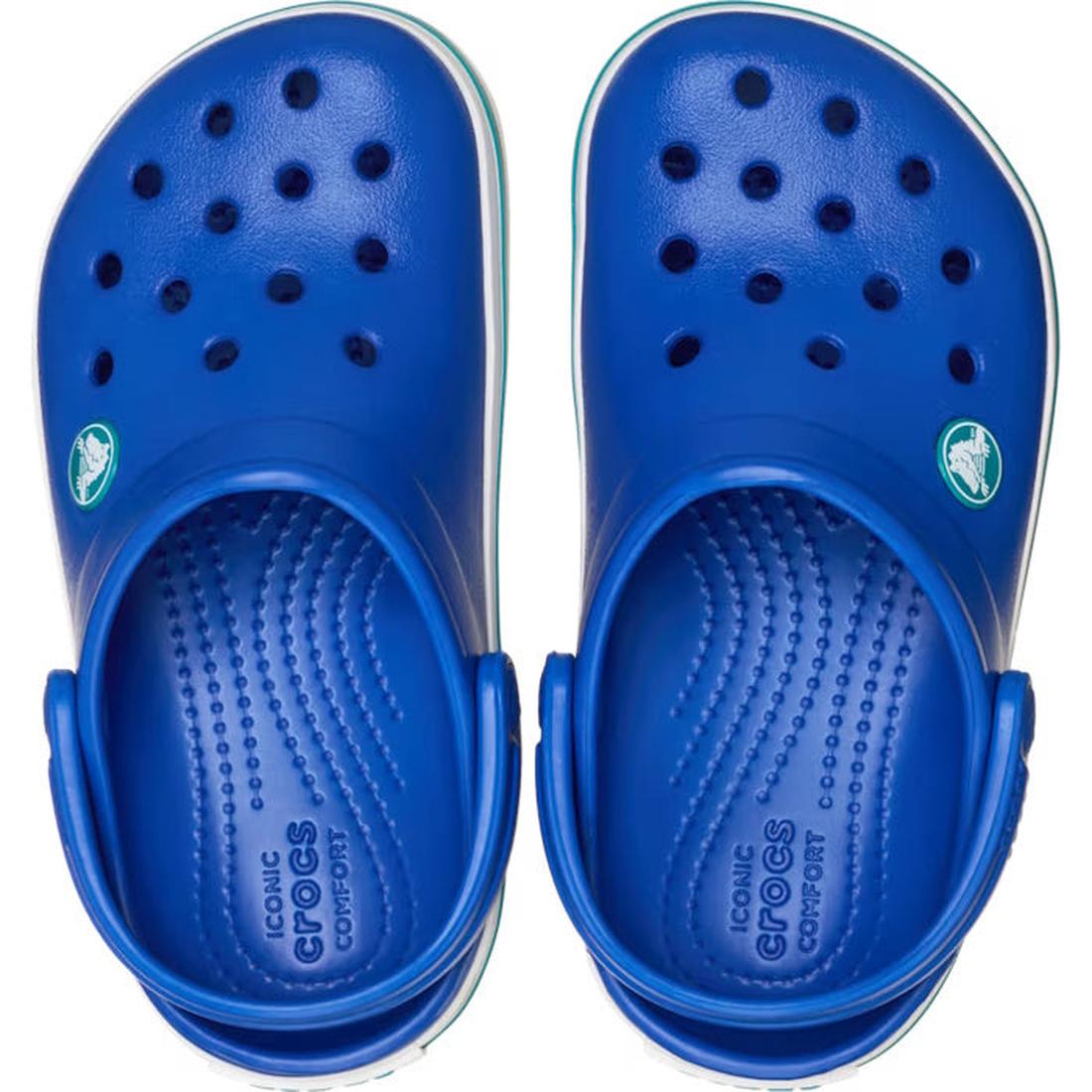 A pair of Crocs Kids - Crocband Classic Clog K Blue Bolt Teal Youths seen from above, with ventilation holes, textured footbeds, and adjustable heel straps for all-day comfort., 49846, 49847, 49848, 49849, 49850, 49851, 49852, 49853, 49846, 198445353406, 