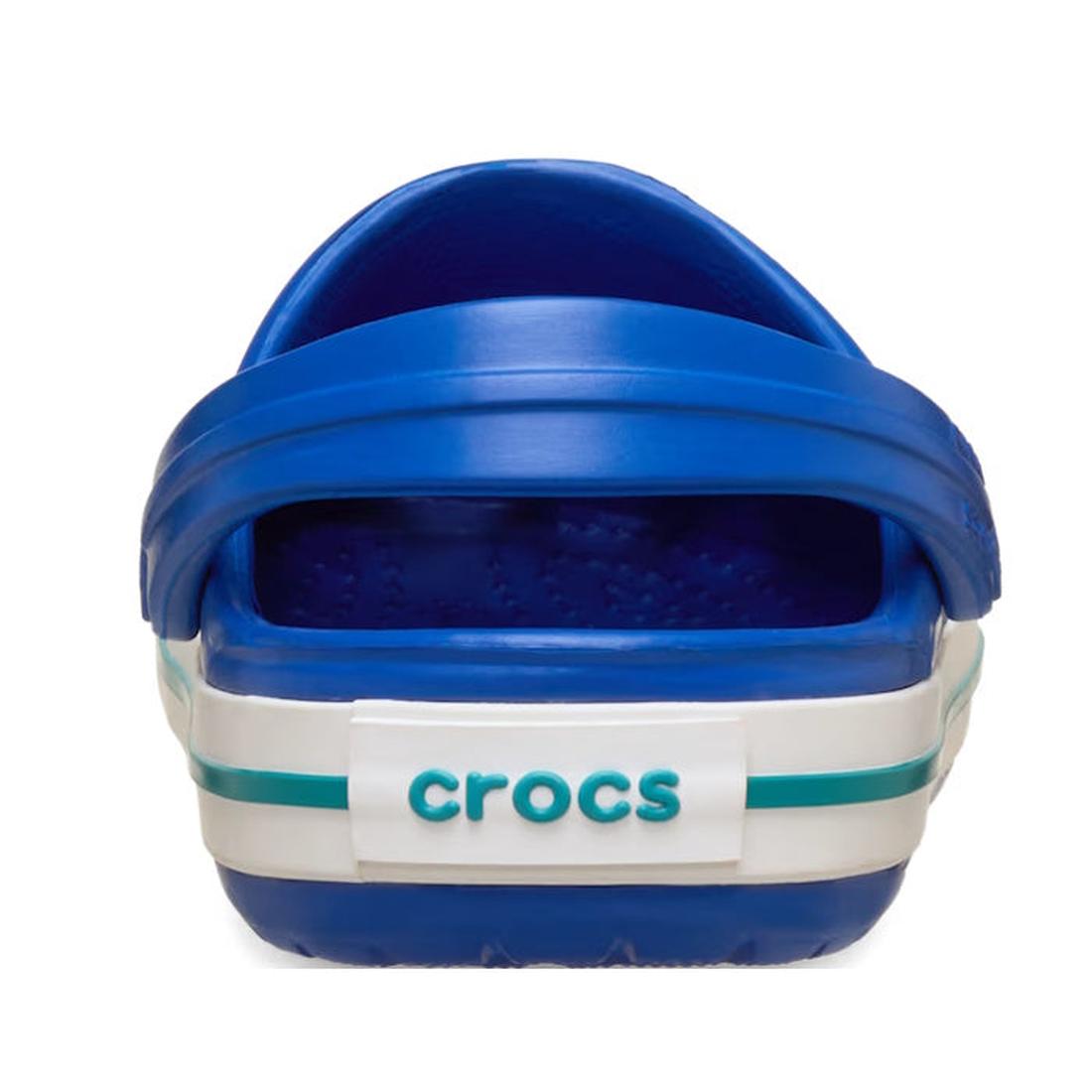 A Crocs Kids - Crocband Classic Clog K Blue Bolt Teal Youths is shown from the back, with a white band displaying "crocs" in teal and a Bolt Blue Teal stripe above the band., 49846, 49847, 49848, 49849, 49850, 49851, 49852, 49853, 49846, 198445353406, 198
